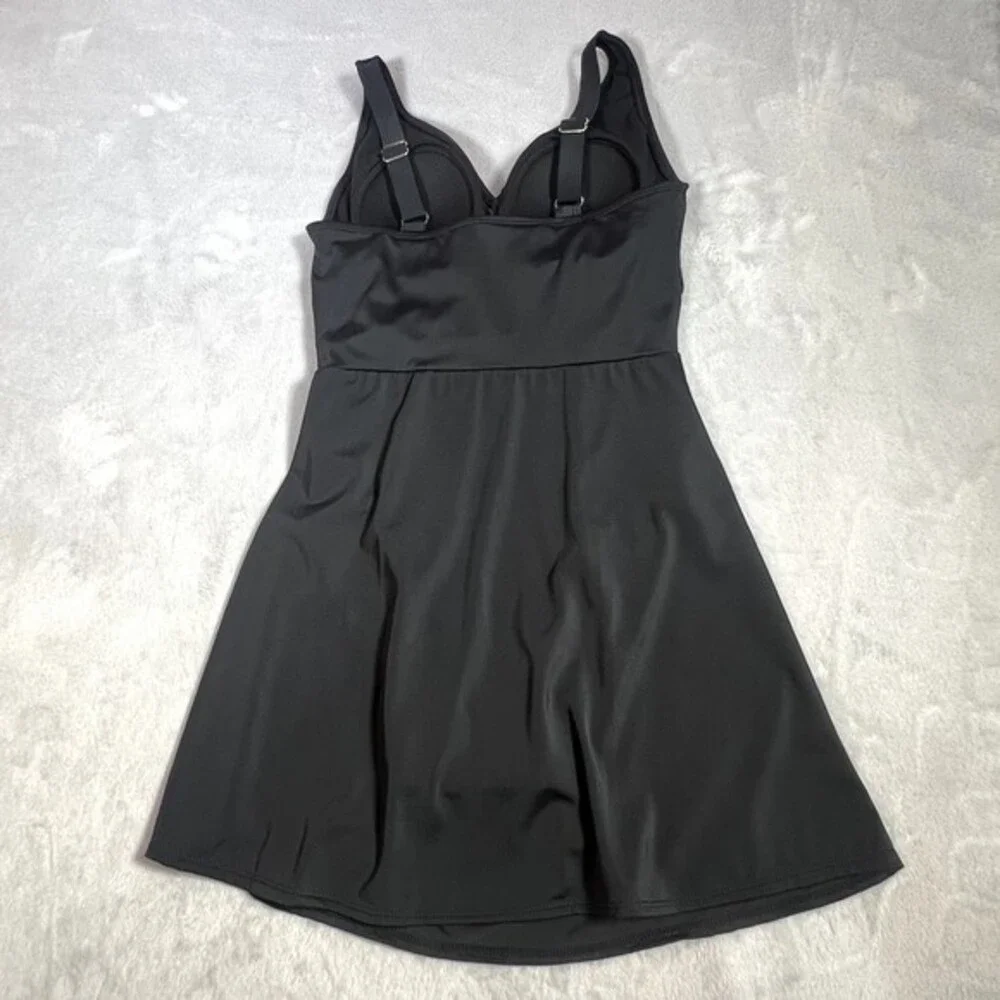 D&Co Beach Swimsuit Womens 4‎ Black One Piece Ruched V Neck Swim Dress Summer